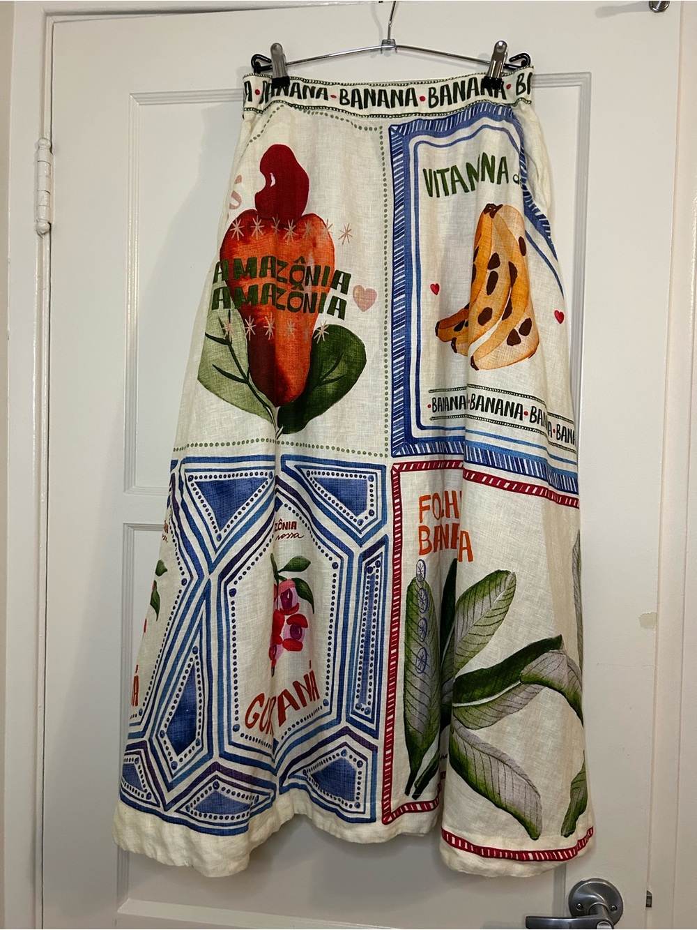 FARM Rio Cream Maxi Skirt with Multicolor Fruit & Botanical Panels